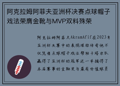 阿克拉姆阿菲夫亚洲杯决赛点球帽子戏法荣膺金靴与MVP双料殊荣